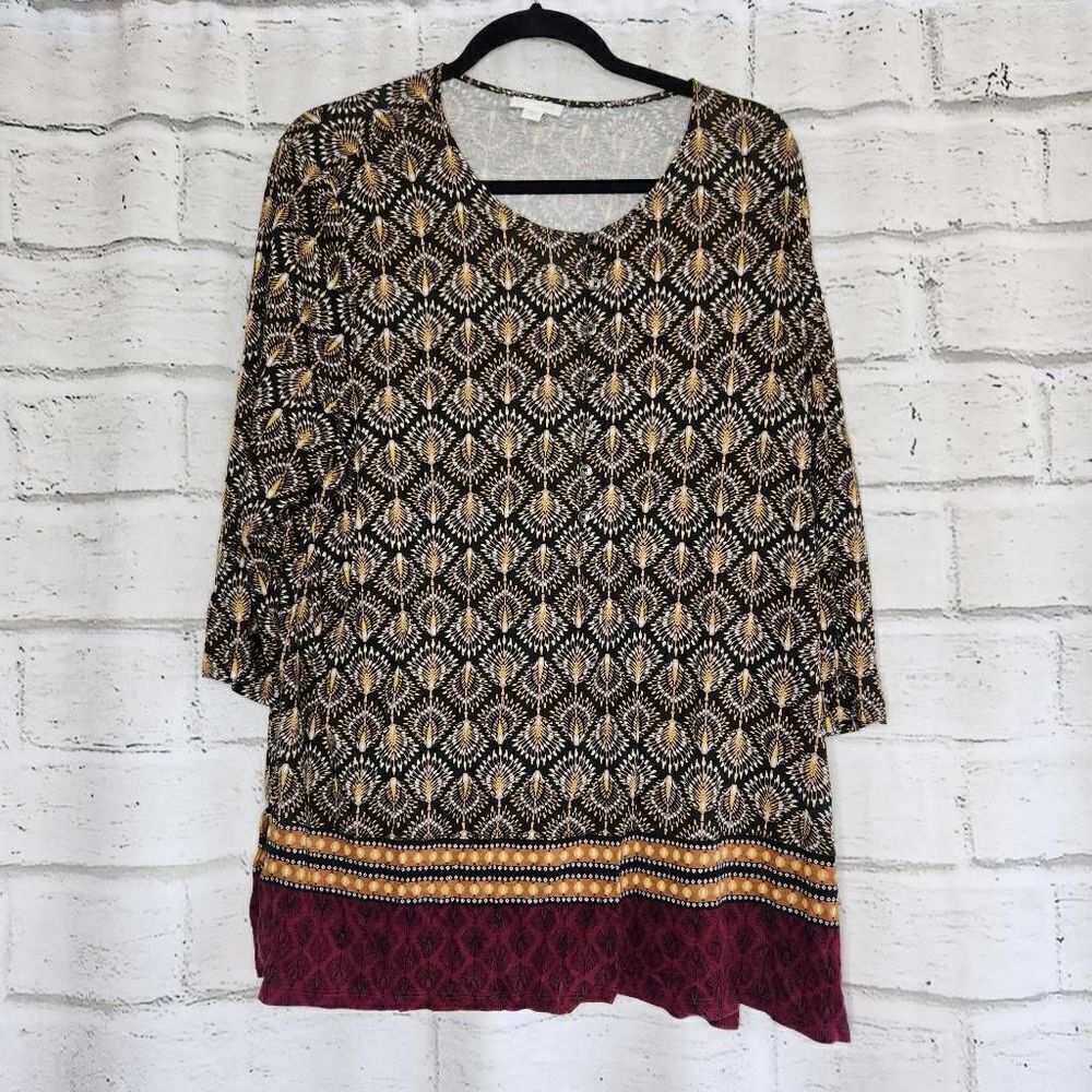 J. Jill Tunic Shirt Black Gold Maroon Print 3/4 Sleeve Henley Style XL Womens